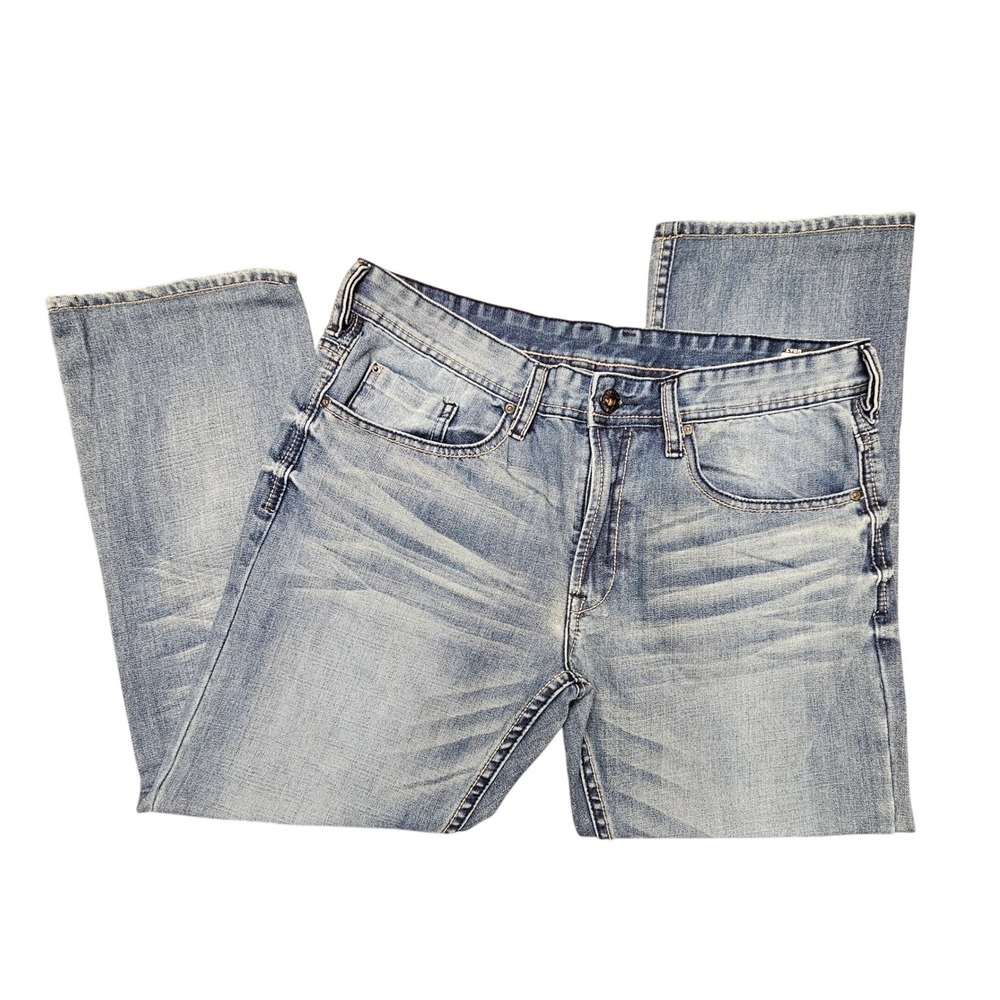 Buffalo David Bitton Evan Slim Jeans Mens 34 Light Wash Blue Denim Zipper Pocket